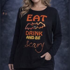Verve Ami XL Halloween Sweater Bat Graphic Eat Drink Be Scary Black
